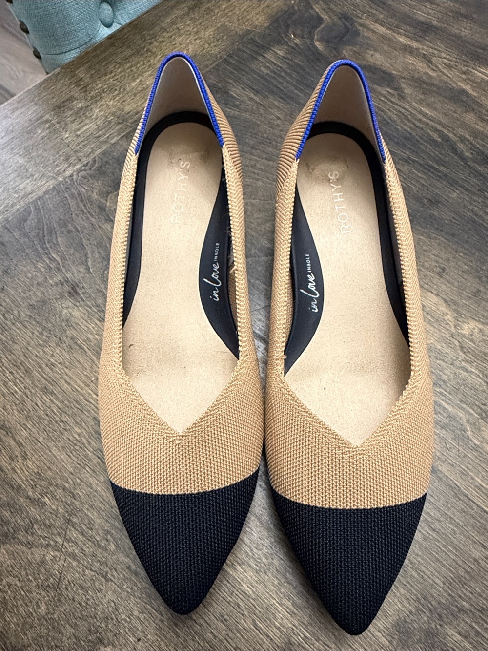 Rothy's Two-Tone Pointed Knit Flats in Tan and Black with Blue Trim